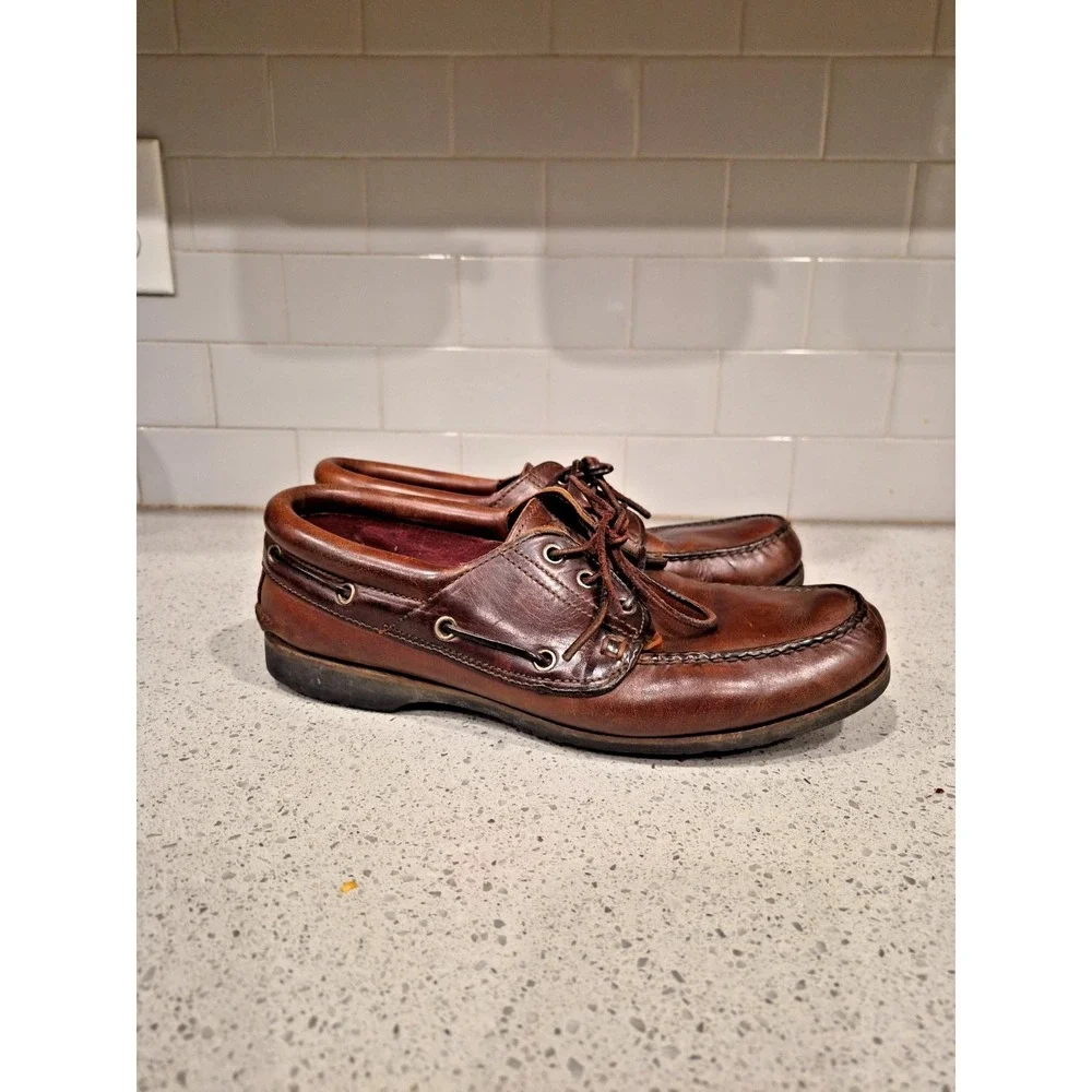 ECCO Shoes Mens 10.5 Casual Boat Brown Leather Lace Up Low Moc Toe Slip On